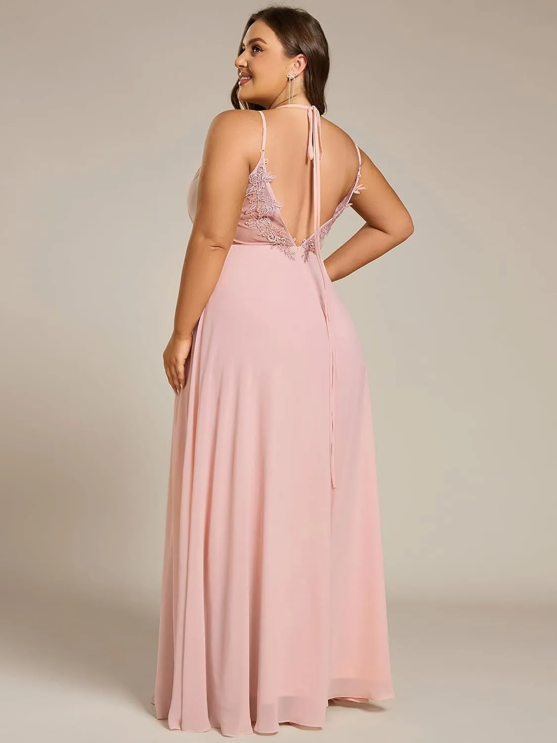 Ever-Pretty Women's Pleated Backless Applique V Neck A Line Chiffon Sleeveless Plus Size Bridesmaid Dresses 01692-DA