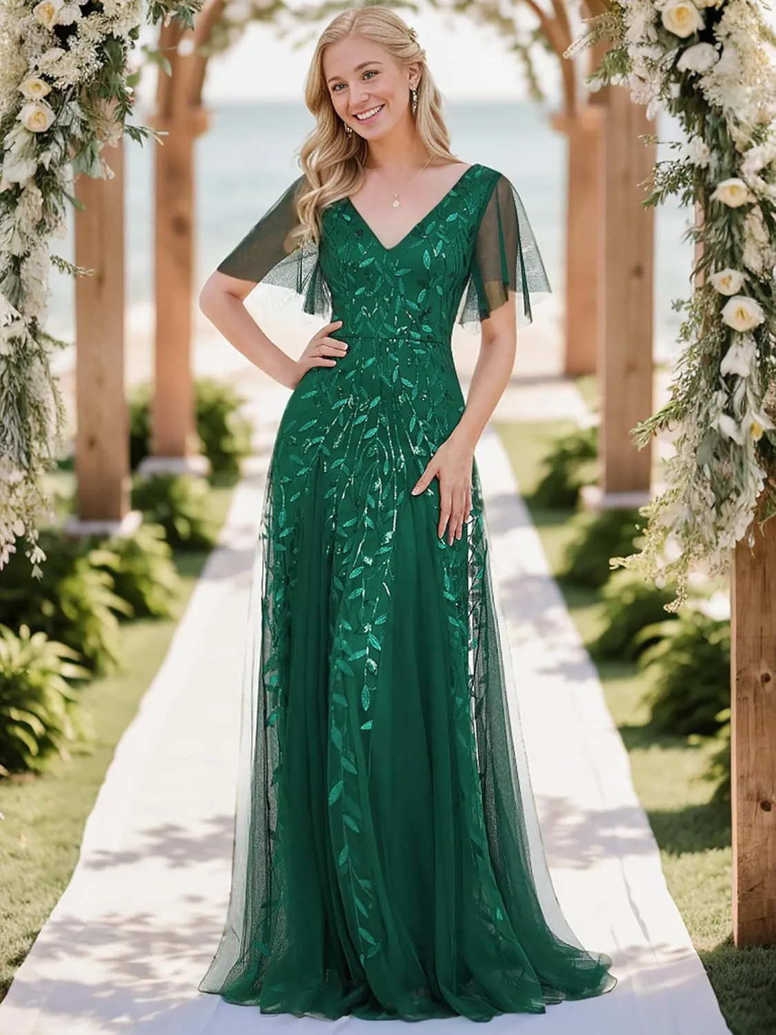 Ever-Pretty Women's Sequin Sparkly V-Neck Short Sleeve Maxi Evening Dress 00734