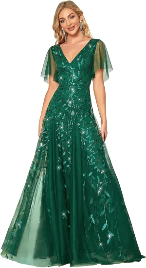Ever-Pretty Women's Sequin Sparkly V-Neck Short Sleeve Maxi Evening Dress 00734