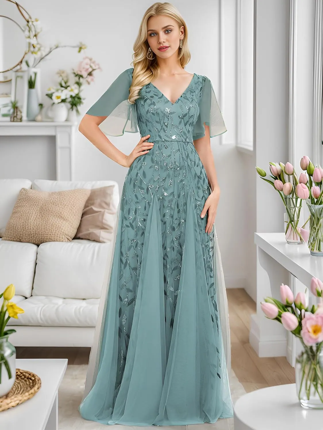 Ever-Pretty Women's Sequin Sparkly V-Neck Short Sleeve Maxi Evening Dress 00734