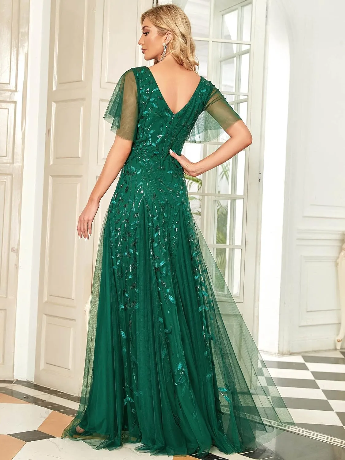 Ever-Pretty Women's Sequin Sparkly V-Neck Short Sleeve Maxi Evening Dress 00734