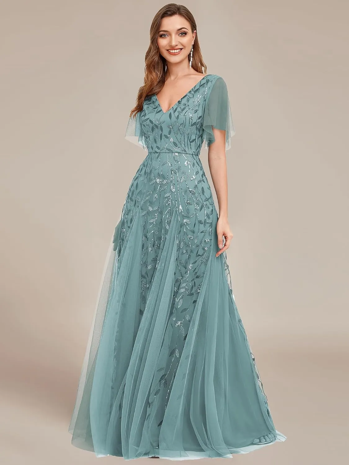 Ever-Pretty Women's Sequin Sparkly V-Neck Short Sleeve Maxi Evening Dress 00734