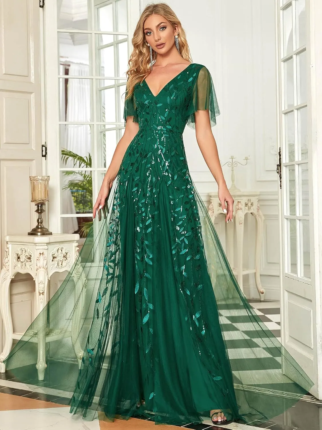 Ever-Pretty Women's Sequin Sparkly V-Neck Short Sleeve Maxi Evening Dress 00734