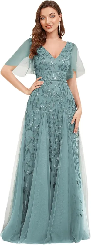 Ever-Pretty Women's Sequin Sparkly V-Neck Short Sleeve Maxi Evening Dress 00734
