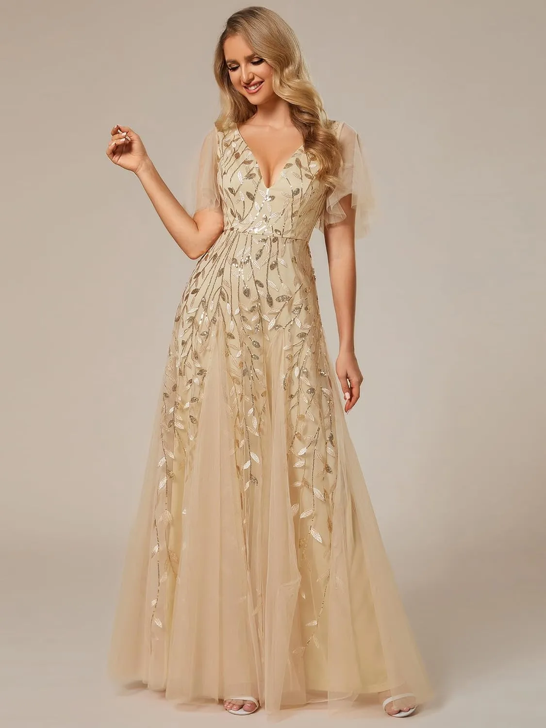 Ever-Pretty Women's Sequin Sparkly V-Neck Short Sleeve Maxi Evening Dress 00734