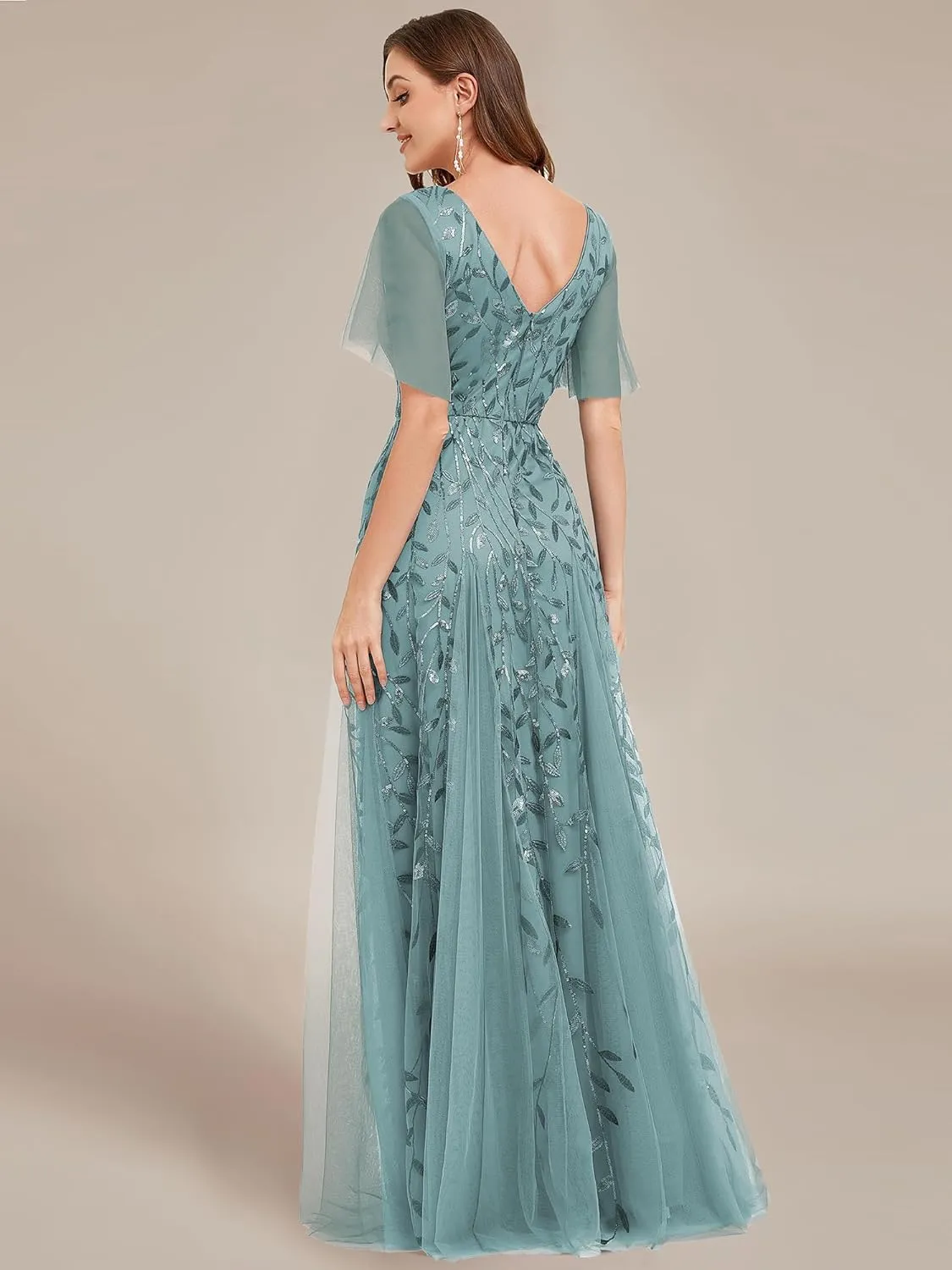 Ever-Pretty Women's Sequin Sparkly V-Neck Short Sleeve Maxi Evening Dress 00734