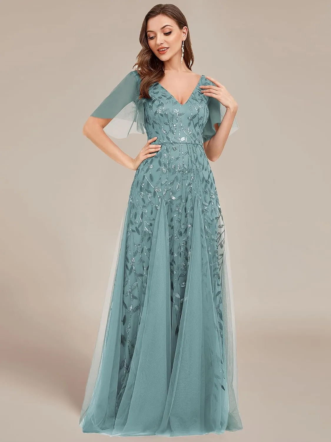Ever-Pretty Women's Sequin Sparkly V-Neck Short Sleeve Maxi Evening Dress 00734