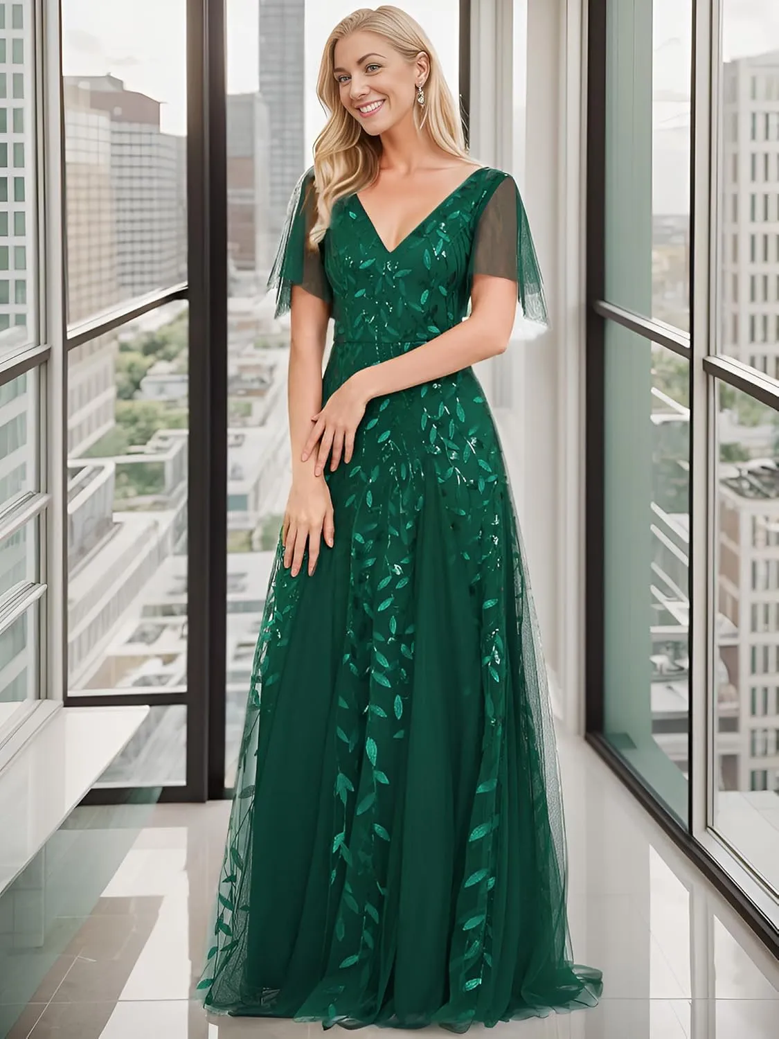Ever-Pretty Women's Sequin Sparkly V-Neck Short Sleeve Maxi Evening Dress 00734