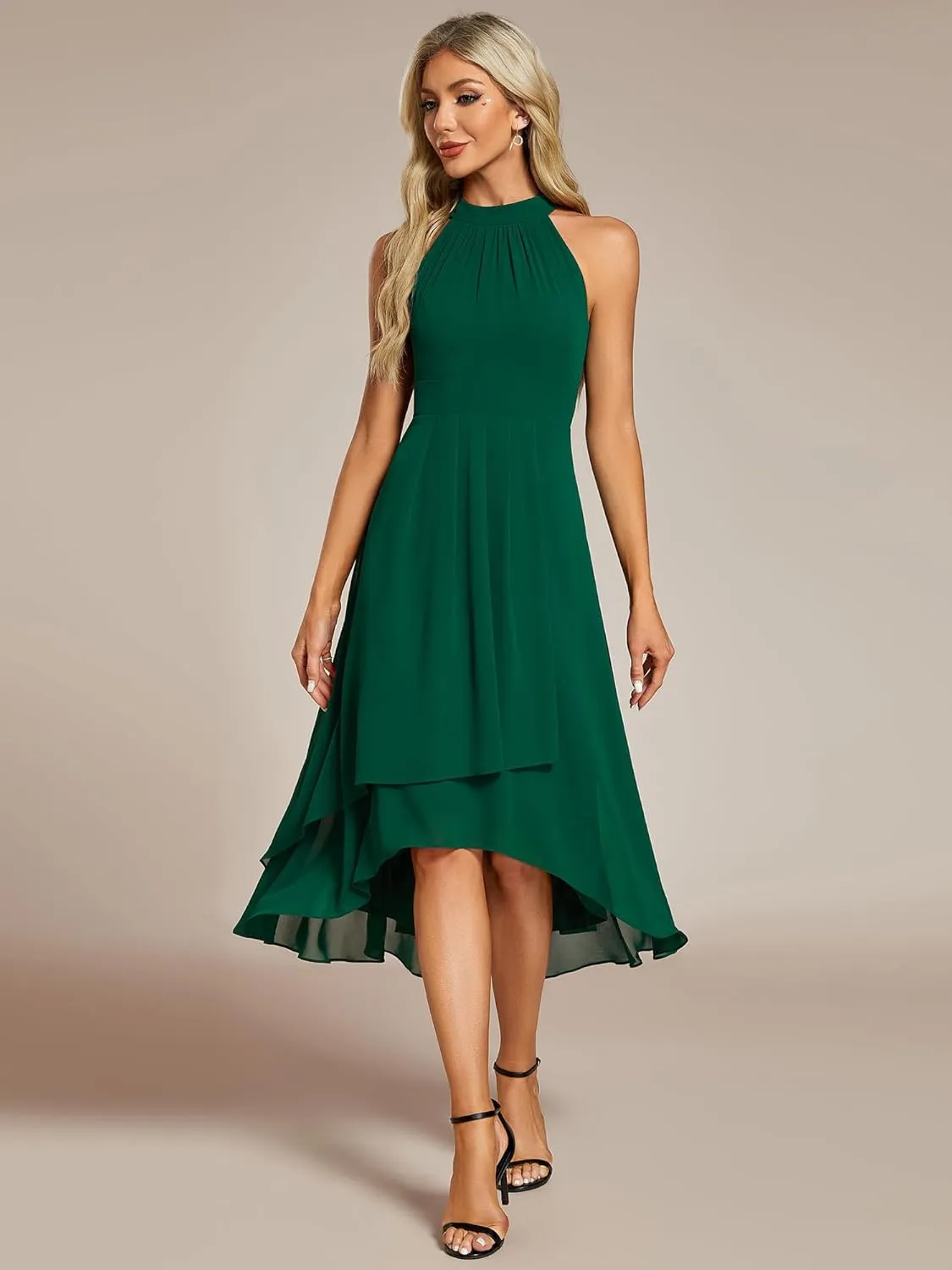 Ever-Pretty Women's Sexy Halter Neck Pletaed Sleeveless Hi-Lo Chiffon Wedding Guest Dress 31926