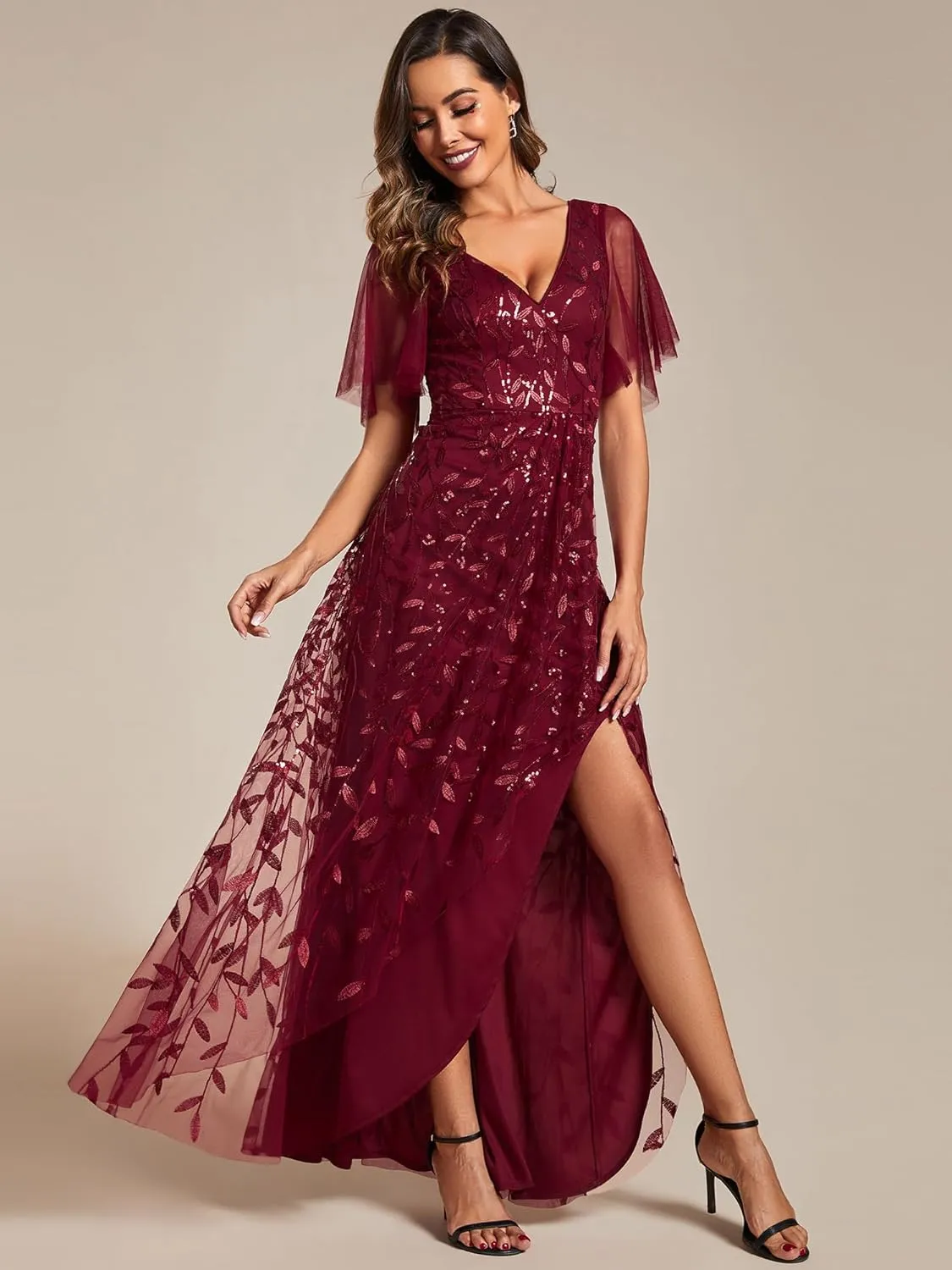 Ever-Pretty Women's Shimmery Formal Dress V Neck Sequins A-Line Side Slit Elegant Long Evening Dresses 02083