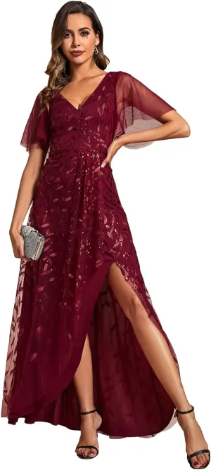 Ever-Pretty Women's Shimmery Formal Dress V Neck Sequins A-Line Side Slit Elegant Long Evening Dresses 02083