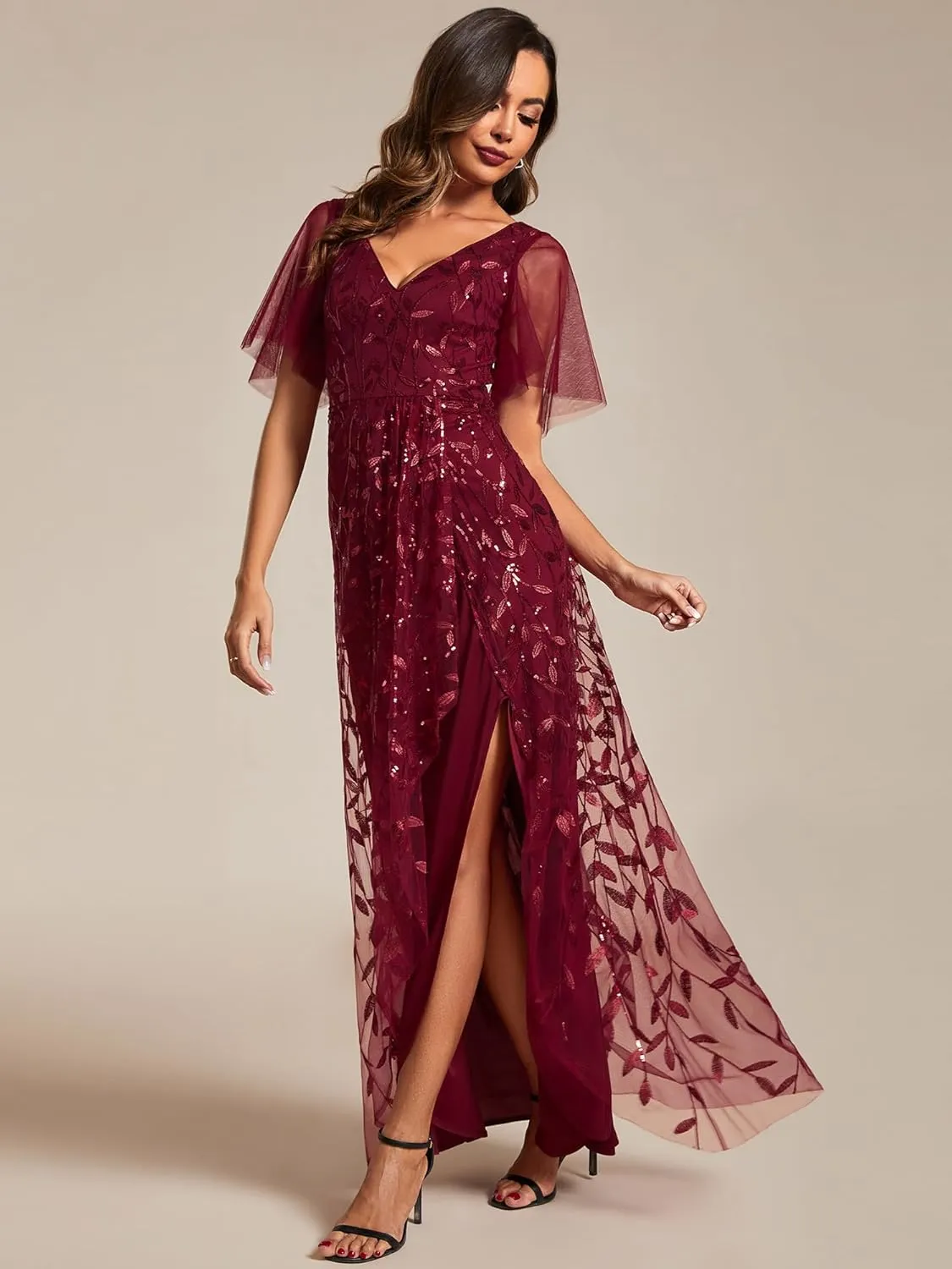 Ever-Pretty Women's Shimmery Formal Dress V Neck Sequins A-Line Side Slit Elegant Long Evening Dresses 02083