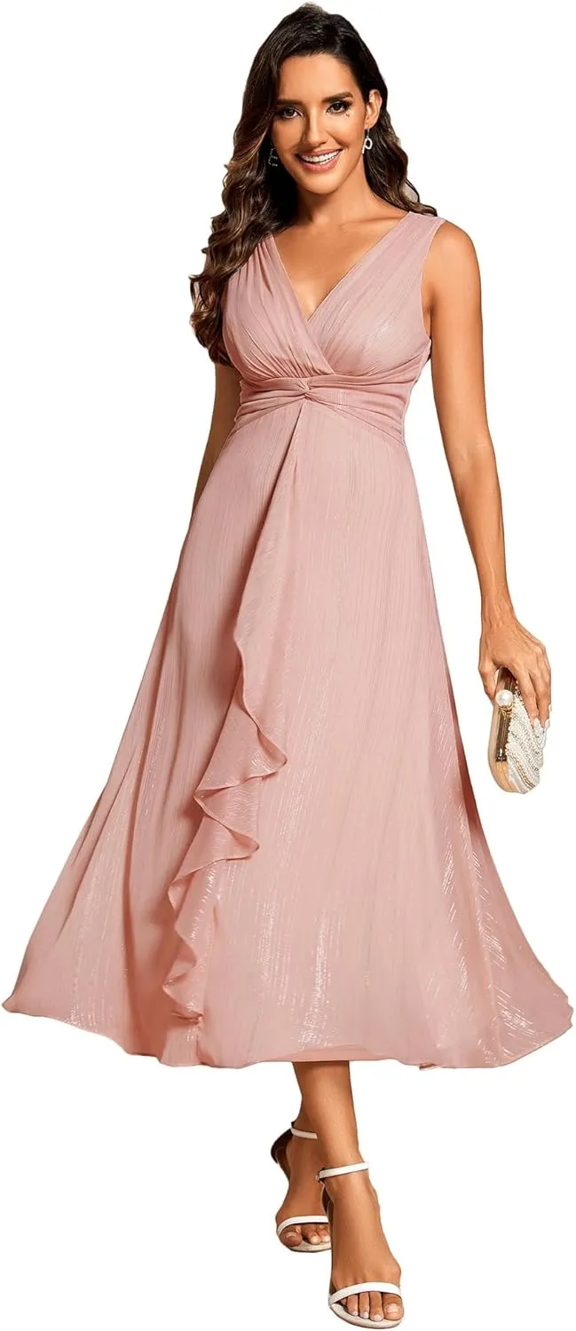 Ever-Pretty Women's Summer Sleeveless Midi Length Pleated A Line Wedding Guest Dress 11977