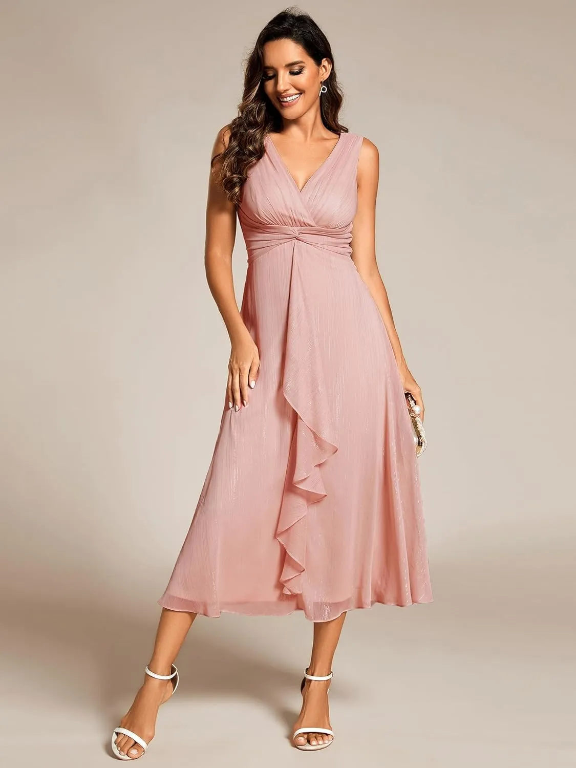 Ever-Pretty Women's Summer Sleeveless Midi Length Pleated A Line Wedding Guest Dress 11977