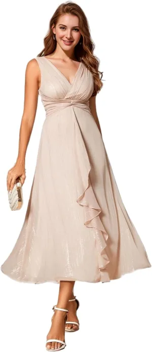 Ever-Pretty Women's Summer Sleeveless Midi Length Pleated A Line Wedding Guest Dress 11977