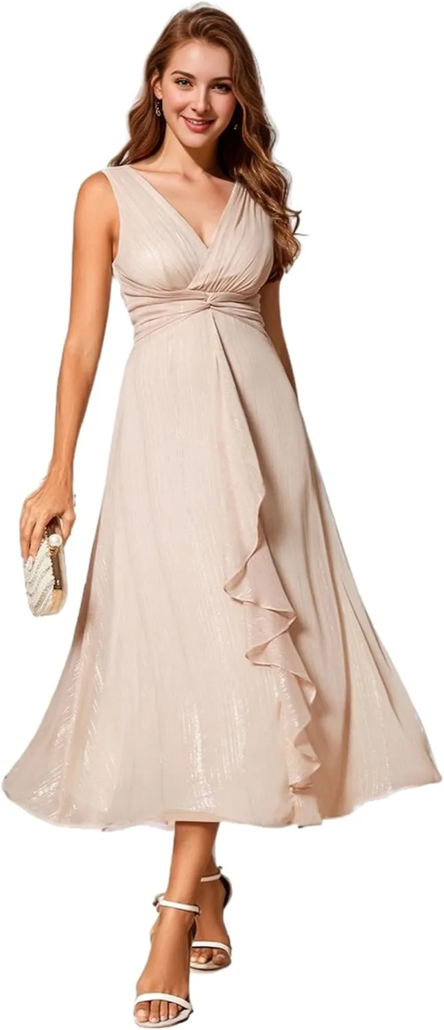 Ever-Pretty Women's Summer Sleeveless Midi Length Pleated A Line Wedding Guest Dress 11977