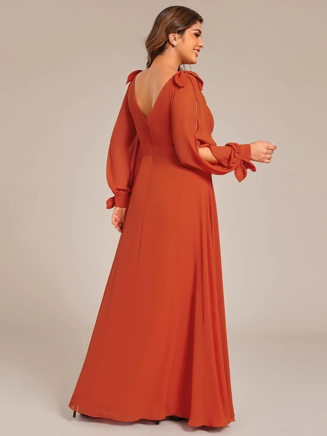 Ever-Pretty Women's V-Neck Elegant Chiffon Long Sleeve Plus Size Side Slit Formal Dress 80116-DA
