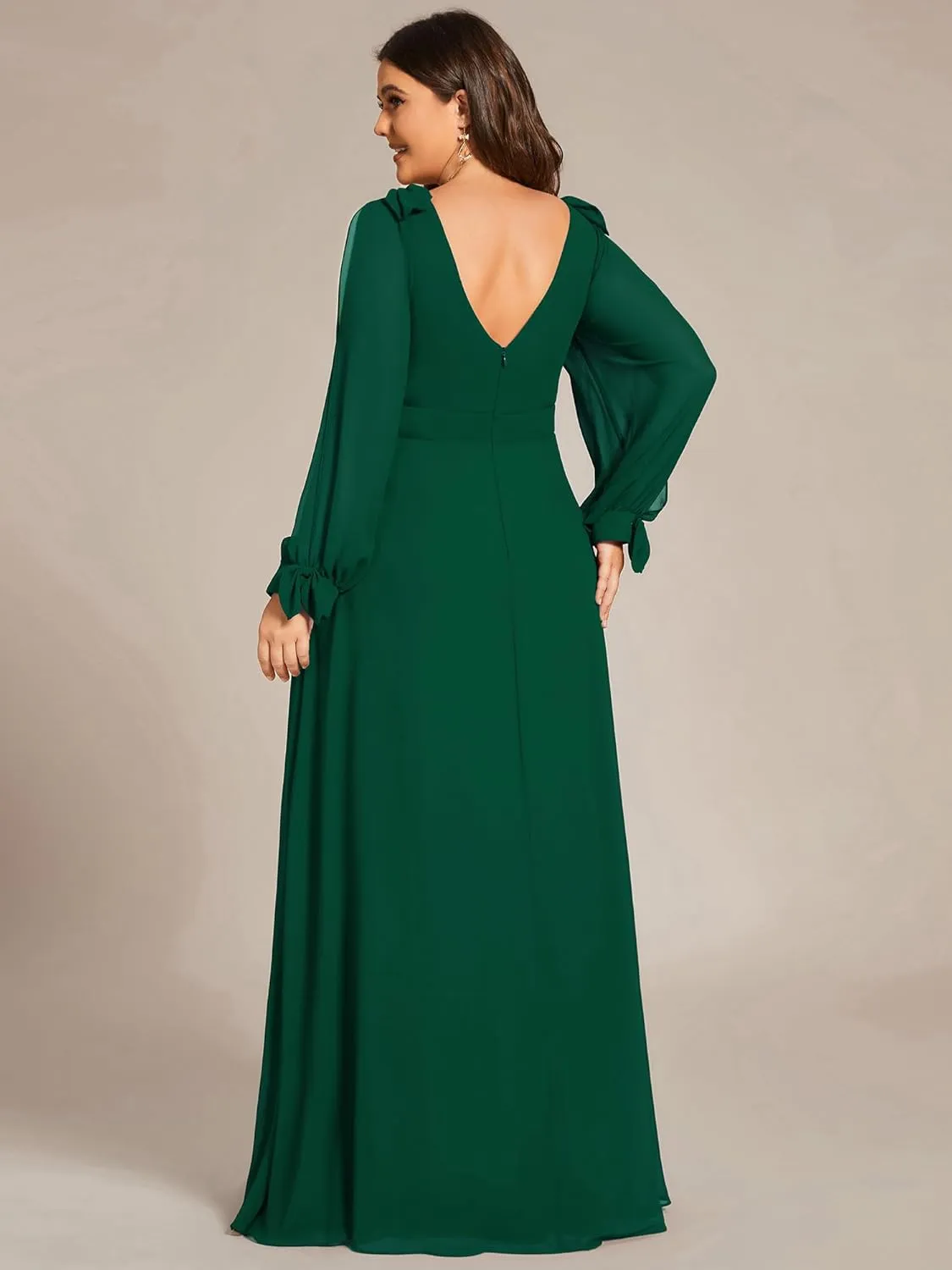 Ever-Pretty Women's V-Neck Elegant Chiffon Long Sleeve Plus Size Side Slit Formal Dress 80116-DA
