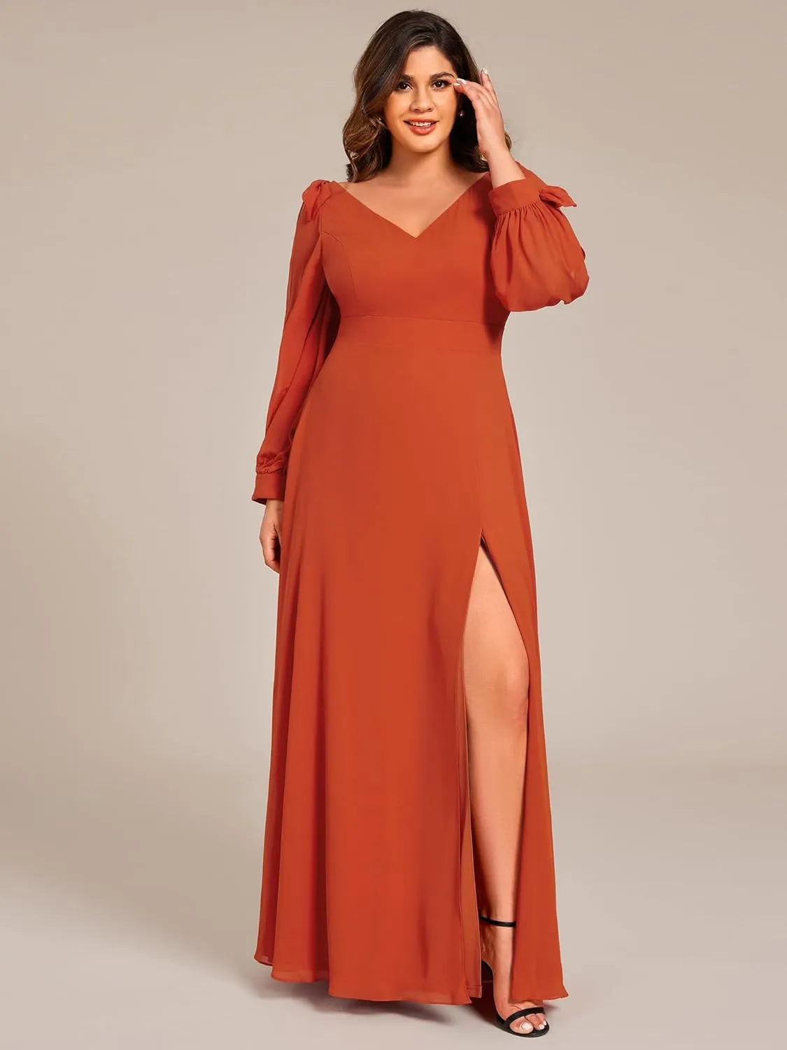 Ever-Pretty Women's V-Neck Elegant Chiffon Long Sleeve Plus Size Side Slit Formal Dress 80116-DA