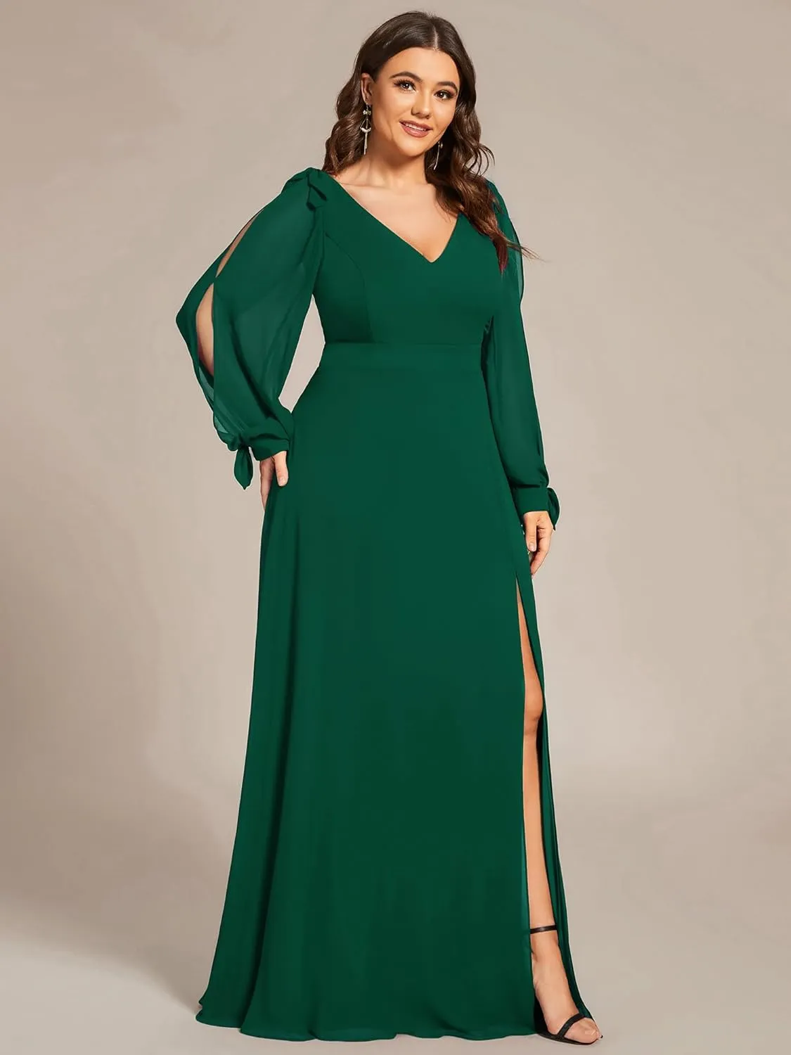 Ever-Pretty Women's V-Neck Elegant Chiffon Long Sleeve Plus Size Side Slit Formal Dress 80116-DA