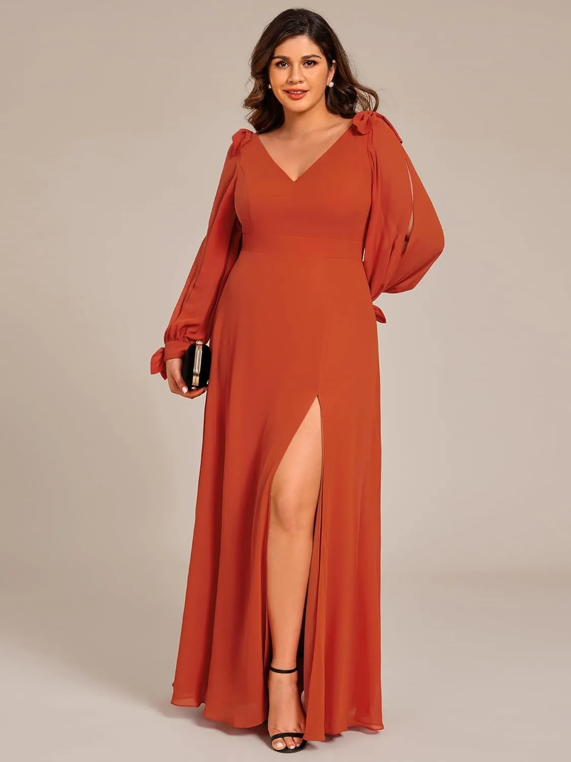 Ever-Pretty Women's V-Neck Elegant Chiffon Long Sleeve Plus Size Side Slit Formal Dress 80116-DA