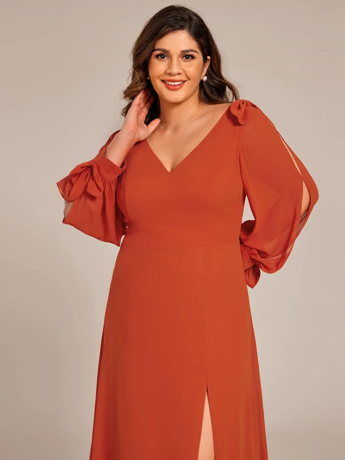 Ever-Pretty Women's V-Neck Elegant Chiffon Long Sleeve Plus Size Side Slit Formal Dress 80116-DA