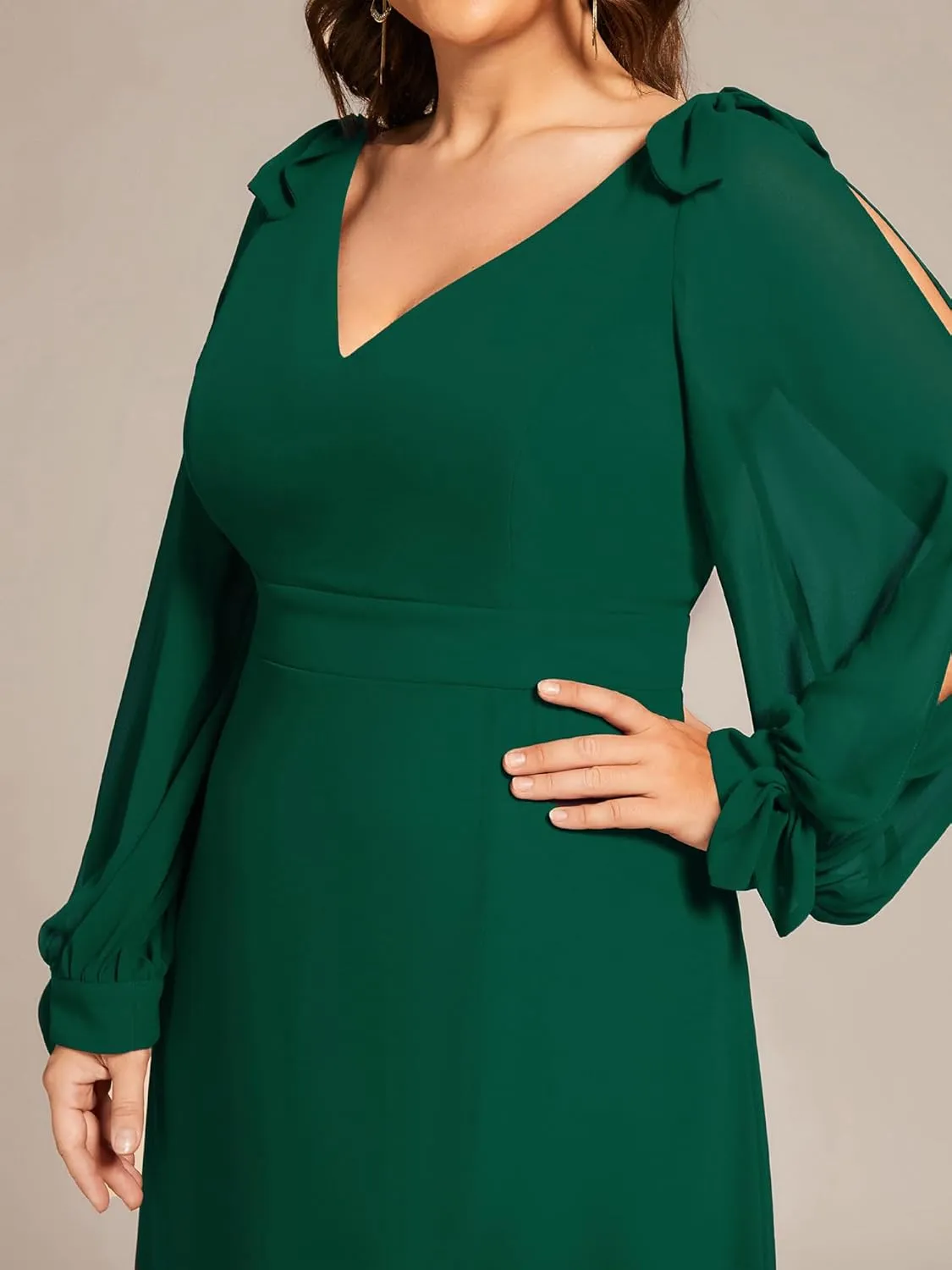 Ever-Pretty Women's V-Neck Elegant Chiffon Long Sleeve Plus Size Side Slit Formal Dress 80116-DA