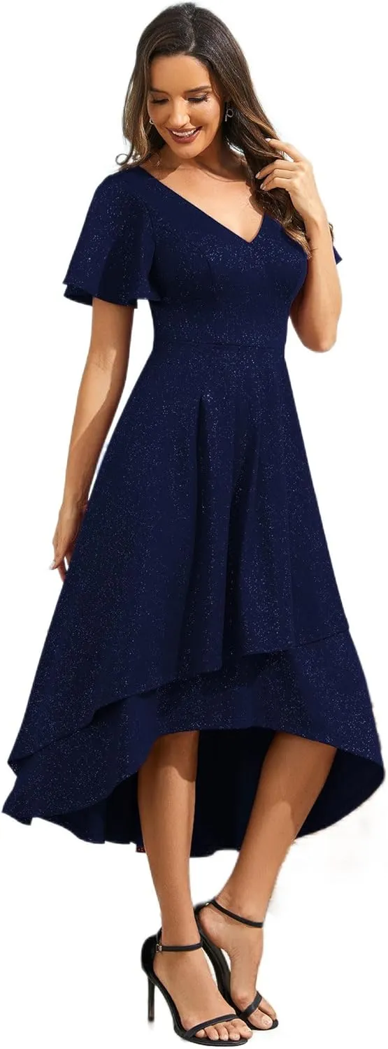 Ever-Pretty Women's Wedding Guest Dress Double V Neck Ruffle Sleeves High Low Glitter Midi Semi Formal Dresses 71926