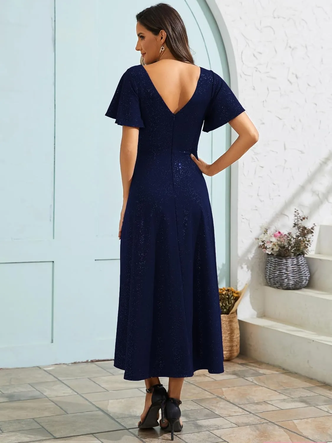 Ever-Pretty Women's Wedding Guest Dress Double V Neck Ruffle Sleeves High Low Glitter Midi Semi Formal Dresses 71926
