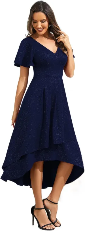 Ever-Pretty Women's Wedding Guest Dress Double V Neck Ruffle Sleeves High Low Glitter Midi Semi Formal Dresses 71926