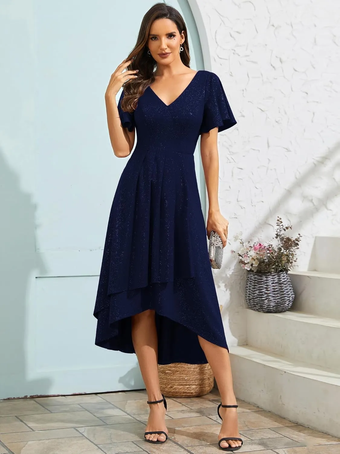 Ever-Pretty Women's Wedding Guest Dress Double V Neck Ruffle Sleeves High Low Glitter Midi Semi Formal Dresses 71926