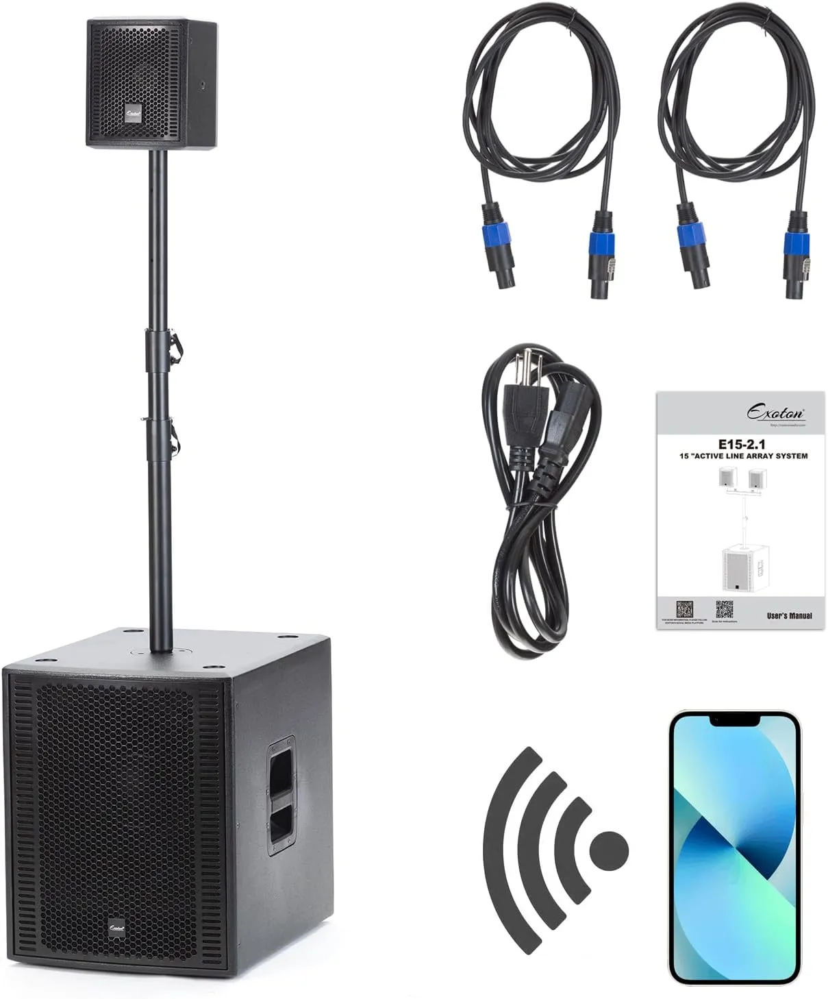 EXOTON Line Array Column PA Speaker, 2200W Professional and Compact Sound System,1x15'' Subwoofer, 2x6.5 Full Range Drivers, Built-in Amplifier, 5 Band DSP Presets(Wood Subwoofer)