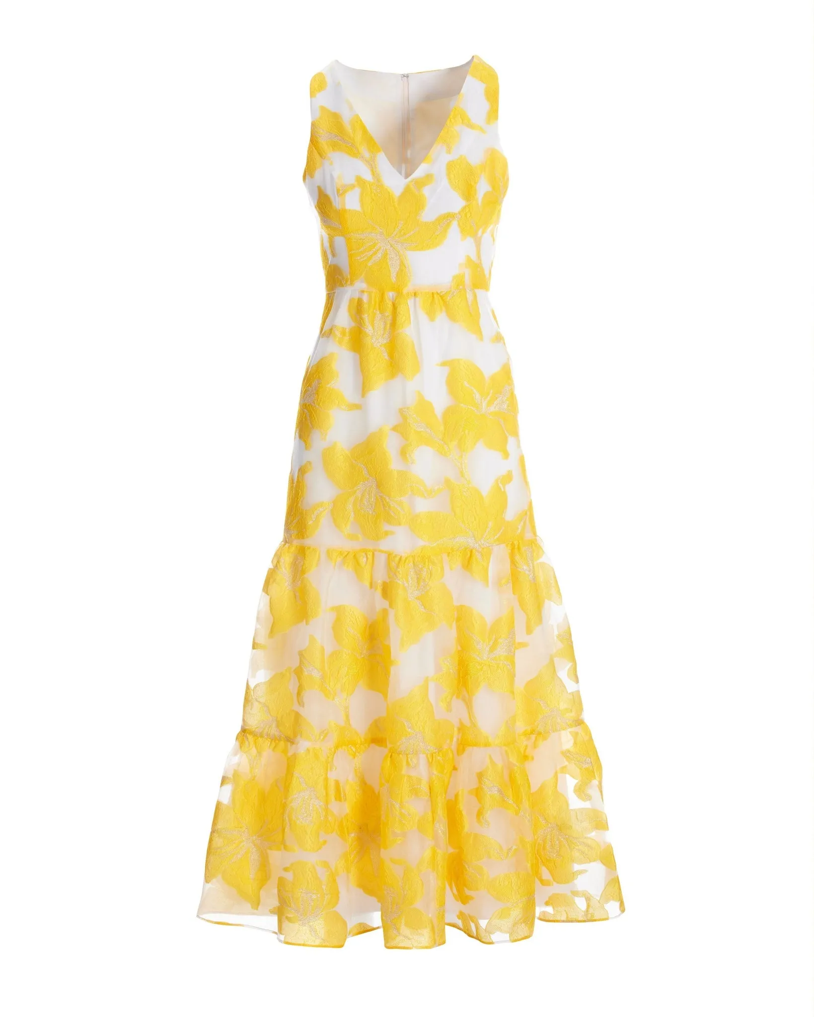 Exploded Metallic Floral Jacquard Organza Tiered Ankle Length Dress Yellow Multi
