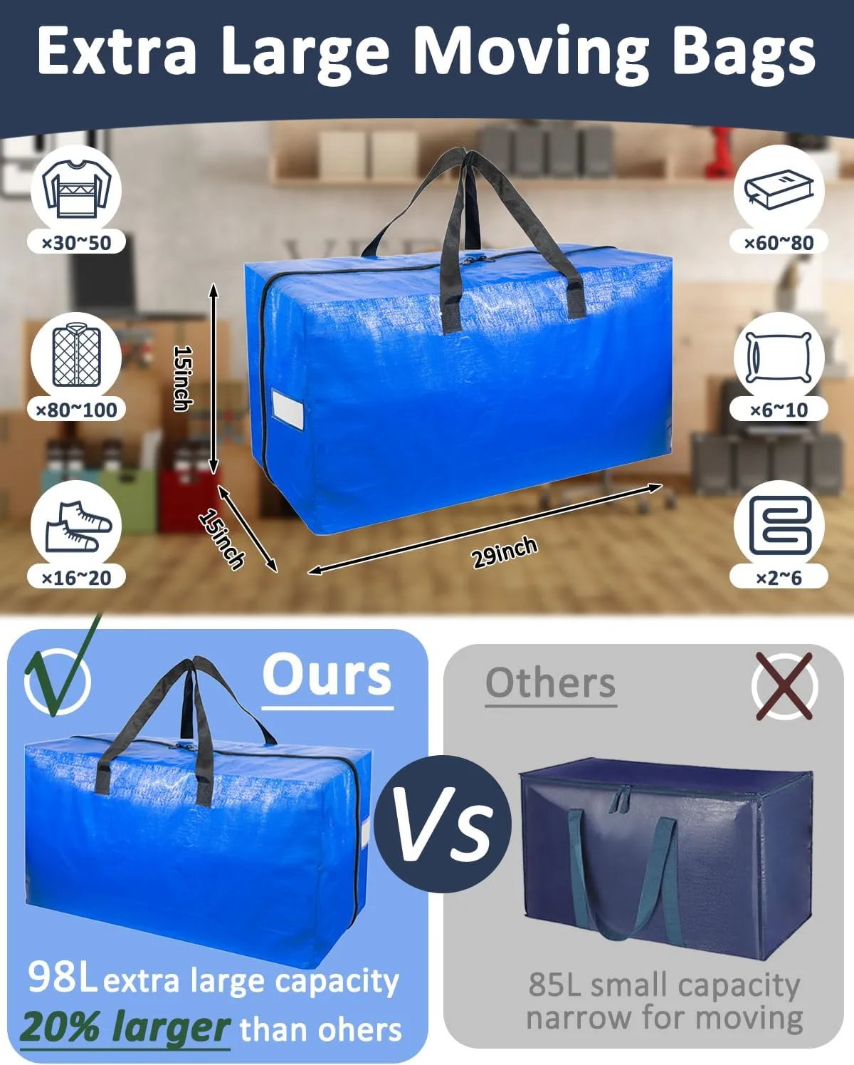 Extra Large Moving Bags with Strong Handles, 8 Pack Heavy Duty Storage Bags with Smooth Zipper, Oversized Storage Tote for Clothes Moving Supplies Dorm Essentials Household Containers
