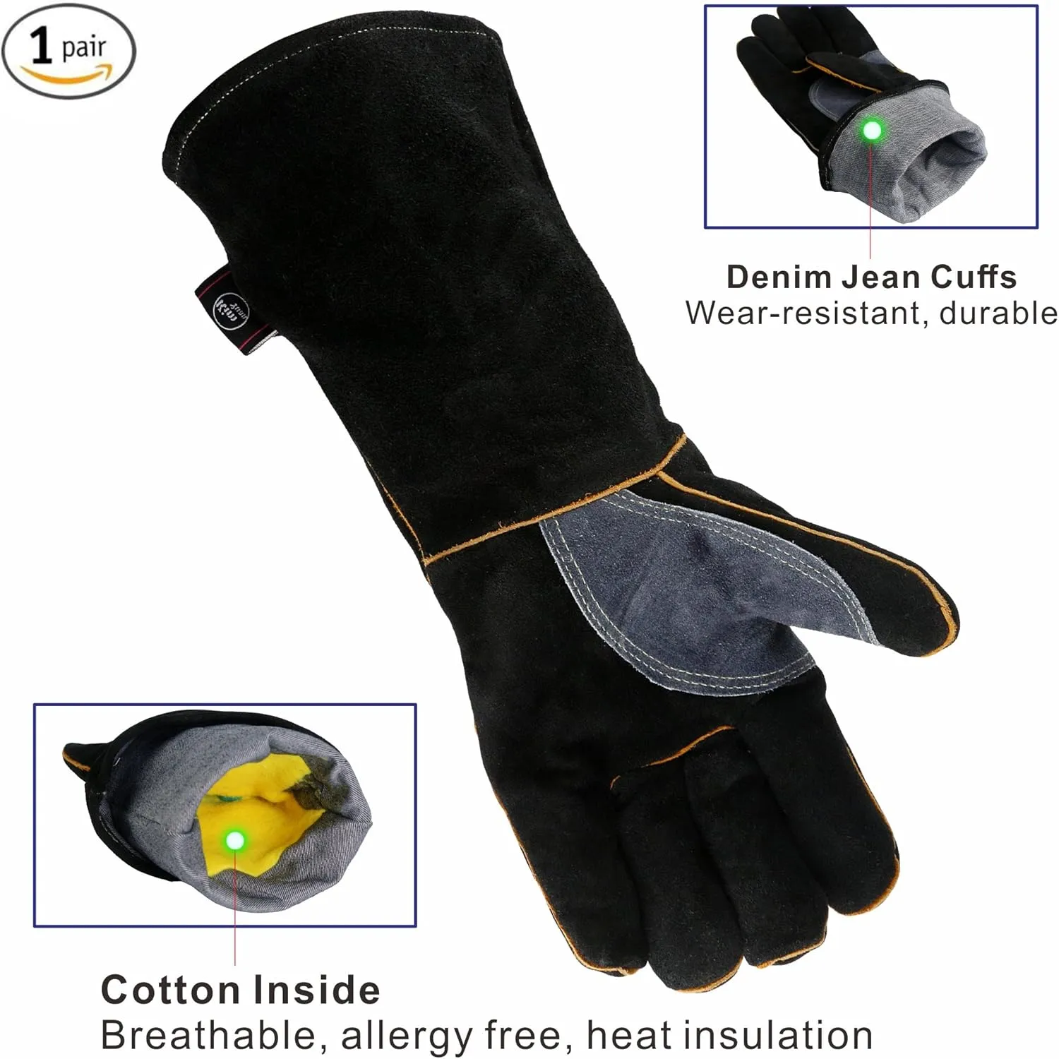 Extreme Heat/Fire Resistant Gloves Leather with Kevlar Stitching, Mitts Perfect for Welding/Oven/Grill/BBQ/Mig/Fireplace/Stove/Pot Holder/Tig Welder/Animal Handling