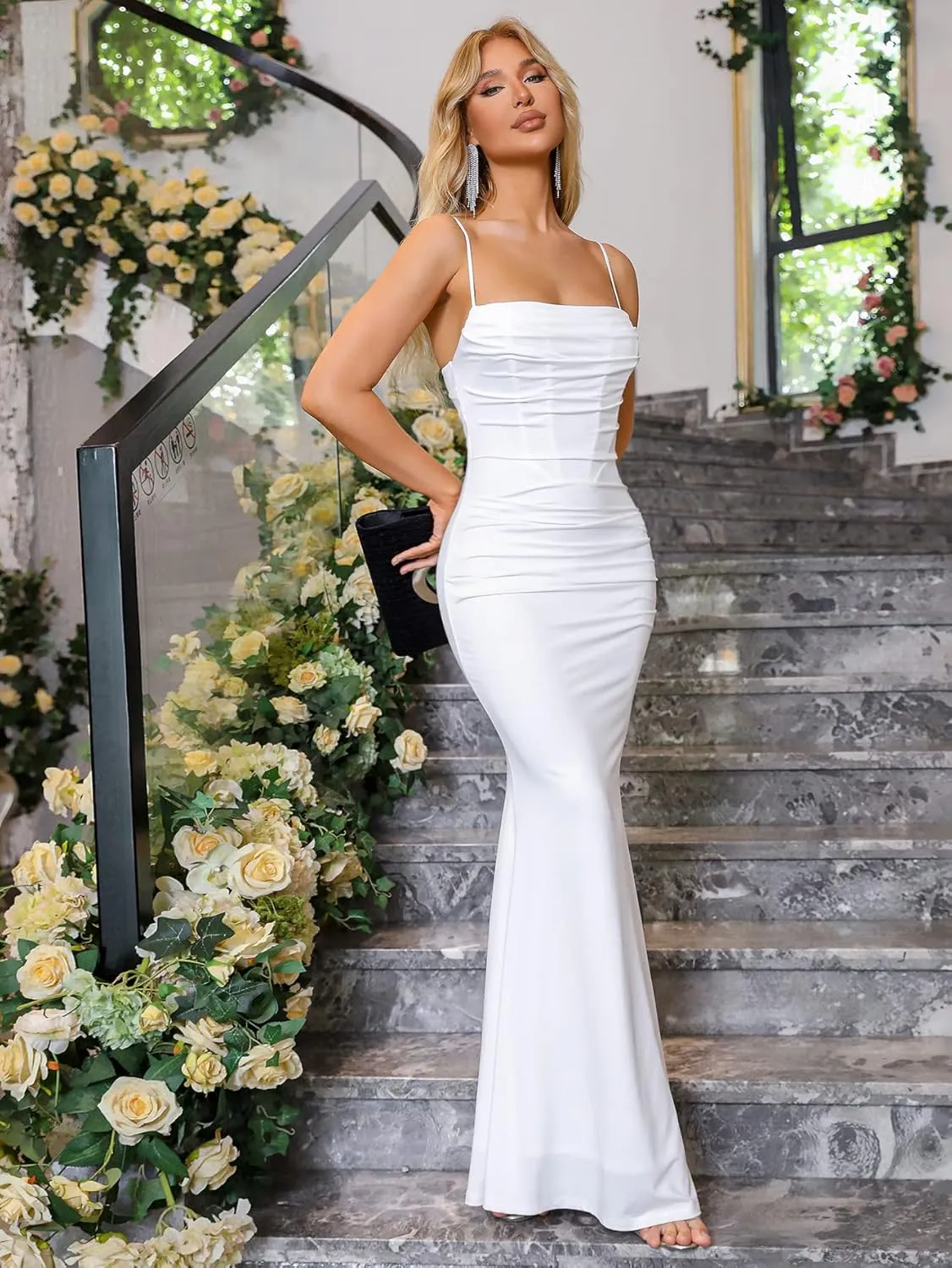 EYNMIN Women's Sleeveless Bodycon Corset Maxi Dress Spaghetti Strap Ruched Elegant Evening Wedding Guest Long Formal Dresses