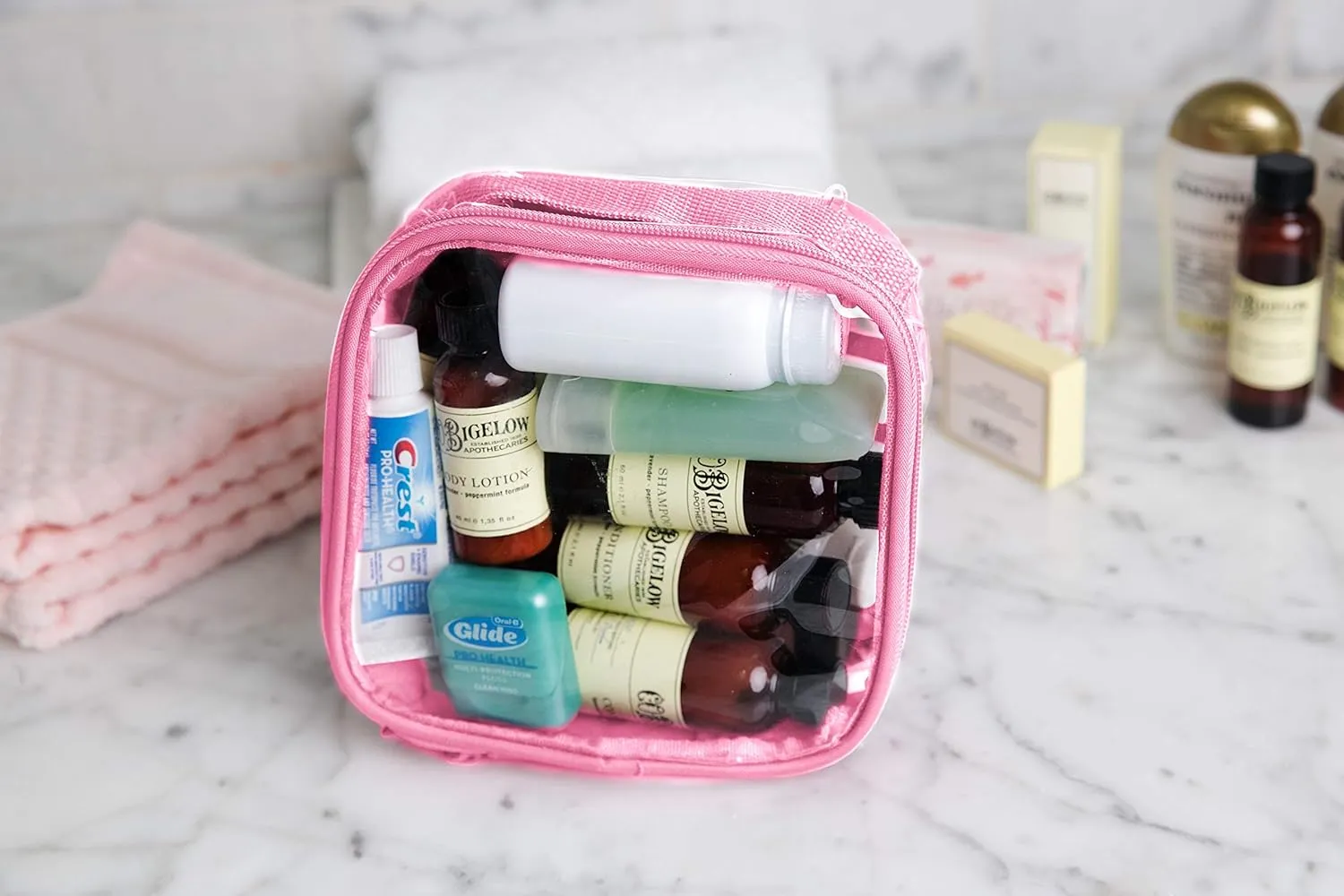 EzPacking Clear TSA Approved 3-1-1 Travel Toiletry Bag for Carry On/Quart Size Transparent Liquids Pouch for Airport Security & Carry On (Rose)