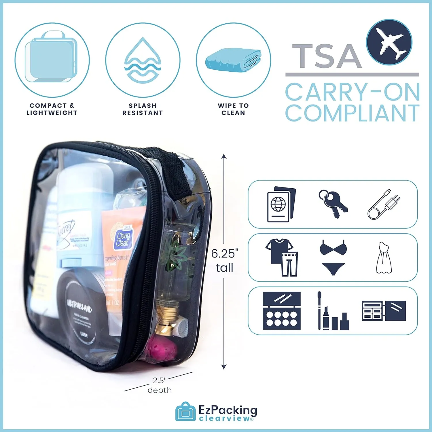 EzPacking Clear TSA Approved 3-1-1 Travel Toiletry Bag for Carry On/Quart Size Transparent Liquids Pouch for Airport Security & Carry On (Rose)