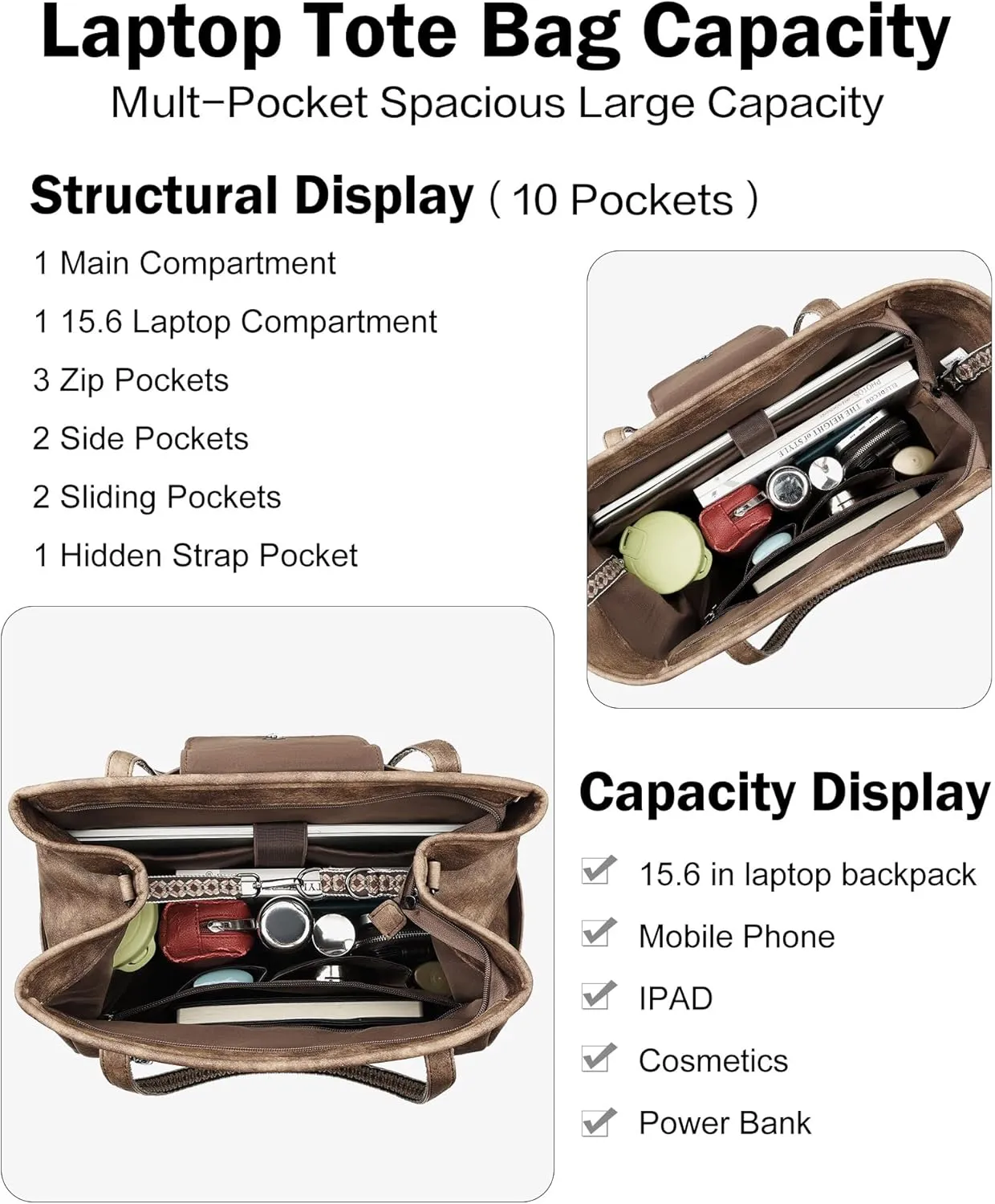 FADEON Large Laptop Tote Bag for Women Designer Leather Laptop Bag Fashion Travel Backpack Purse Shoulder Handbag