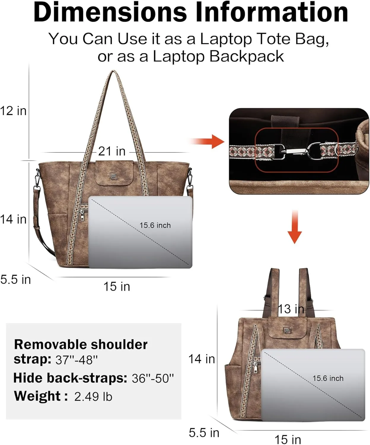 FADEON Large Laptop Tote Bag for Women Designer Leather Laptop Bag Fashion Travel Backpack Purse Shoulder Handbag