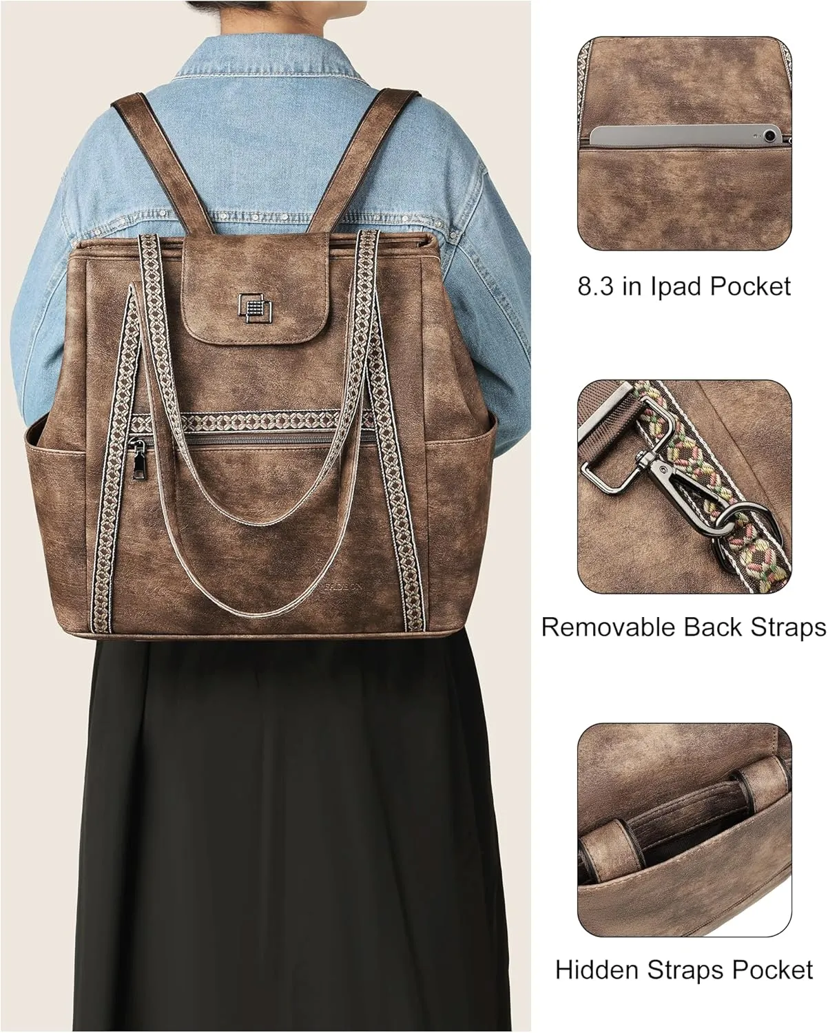 FADEON Large Laptop Tote Bag for Women Designer Leather Laptop Bag Fashion Travel Backpack Purse Shoulder Handbag
