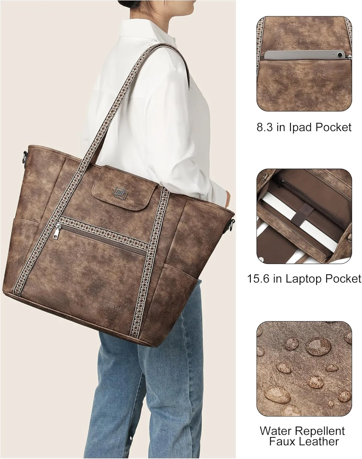 FADEON Large Laptop Tote Bag for Women Designer Leather Laptop Bag Fashion Travel Backpack Purse Shoulder Handbag