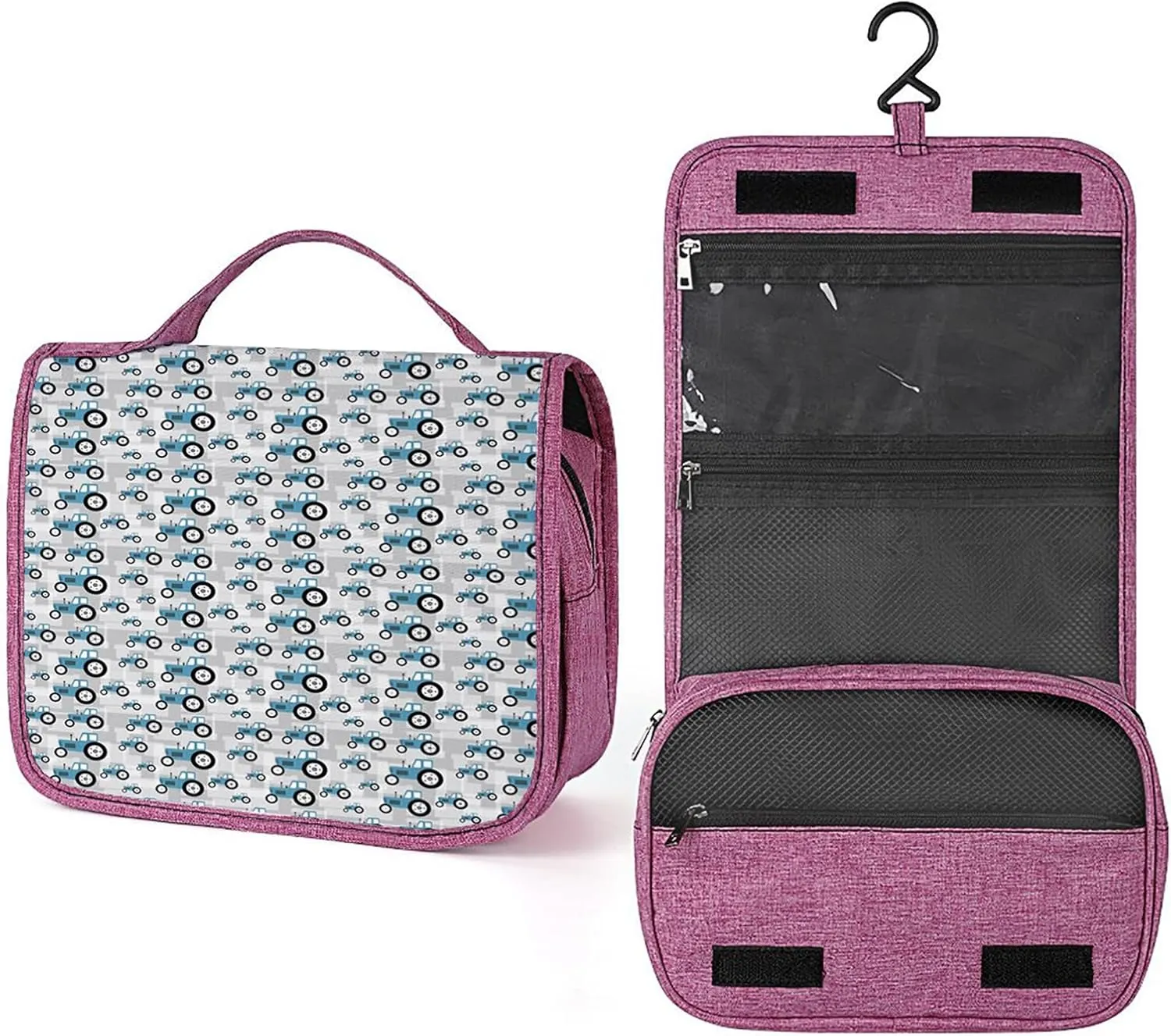 Farm Theme,Waterproof Travel Toiletry Hanging Bag,Trucks Machines Wheels Print,Makeup bag,Travel Organizers,Cosmetic Travel-Sized Container,Large Capacity for Women,Blue And Grey
