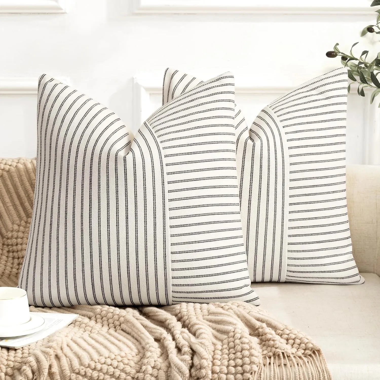 Farmhouse Pillow Covers 20x20, Modern Accent Square Throw Pillow Covers Set of 2, Black and Beige Striped Patchwork Linen Decorative Pillows Cushion Covers for Couch Chair Bedroom Fall Decorations