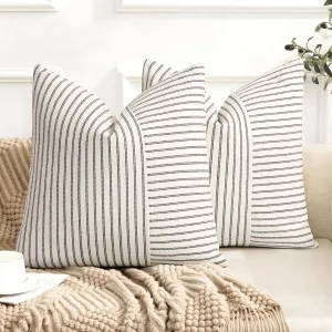 Farmhouse Pillow Covers 20x20, Modern Accent Square Throw Pillow Covers Set of 2, Black and Beige Striped Patchwork Linen Decorative Pillows Cushion Covers for Couch Chair Bedroom Fall Decorations