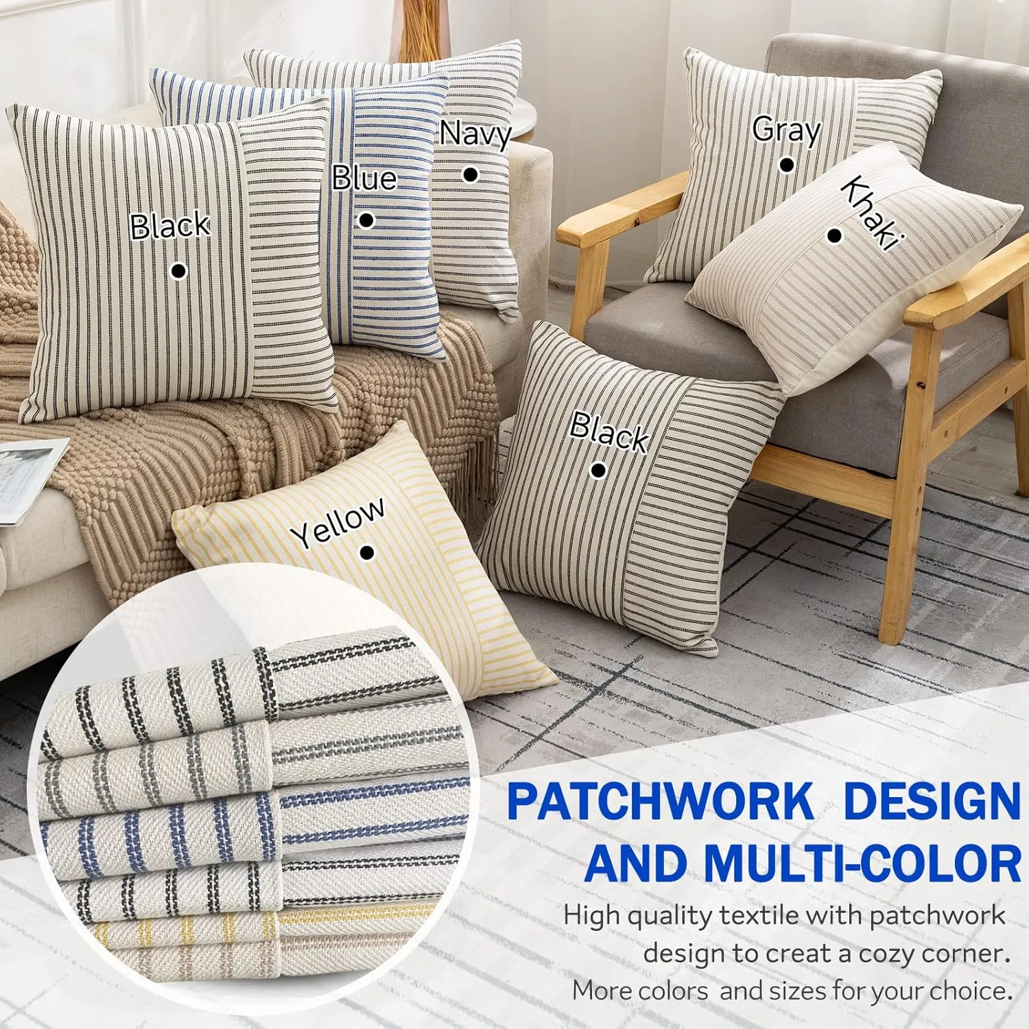 Farmhouse Pillow Covers 20x20, Modern Accent Square Throw Pillow Covers Set of 2, Black and Beige Striped Patchwork Linen Decorative Pillows Cushion Covers for Couch Chair Bedroom Fall Decorations