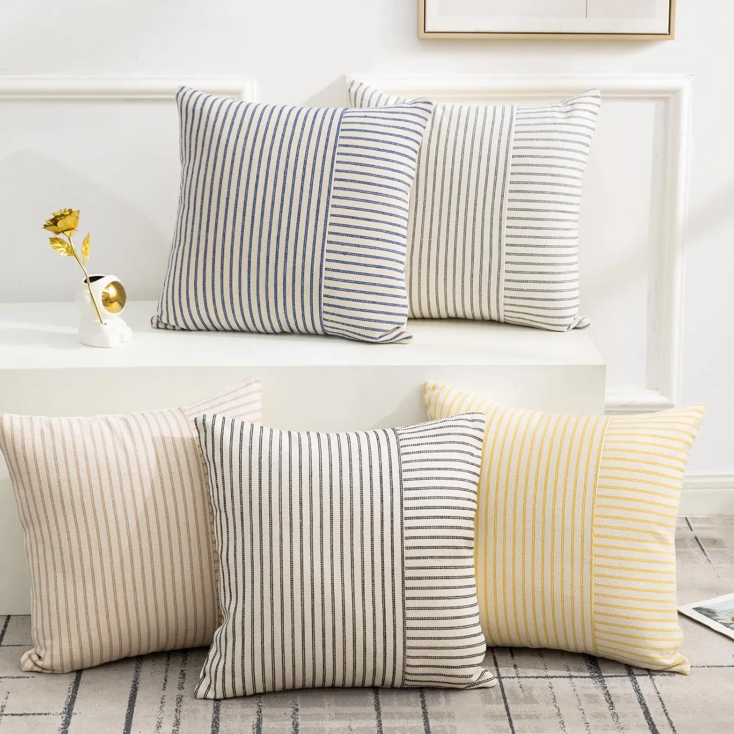 Farmhouse Pillow Covers 20x20, Modern Accent Square Throw Pillow Covers Set of 2, Black and Beige Striped Patchwork Linen Decorative Pillows Cushion Covers for Couch Chair Bedroom Fall Decorations