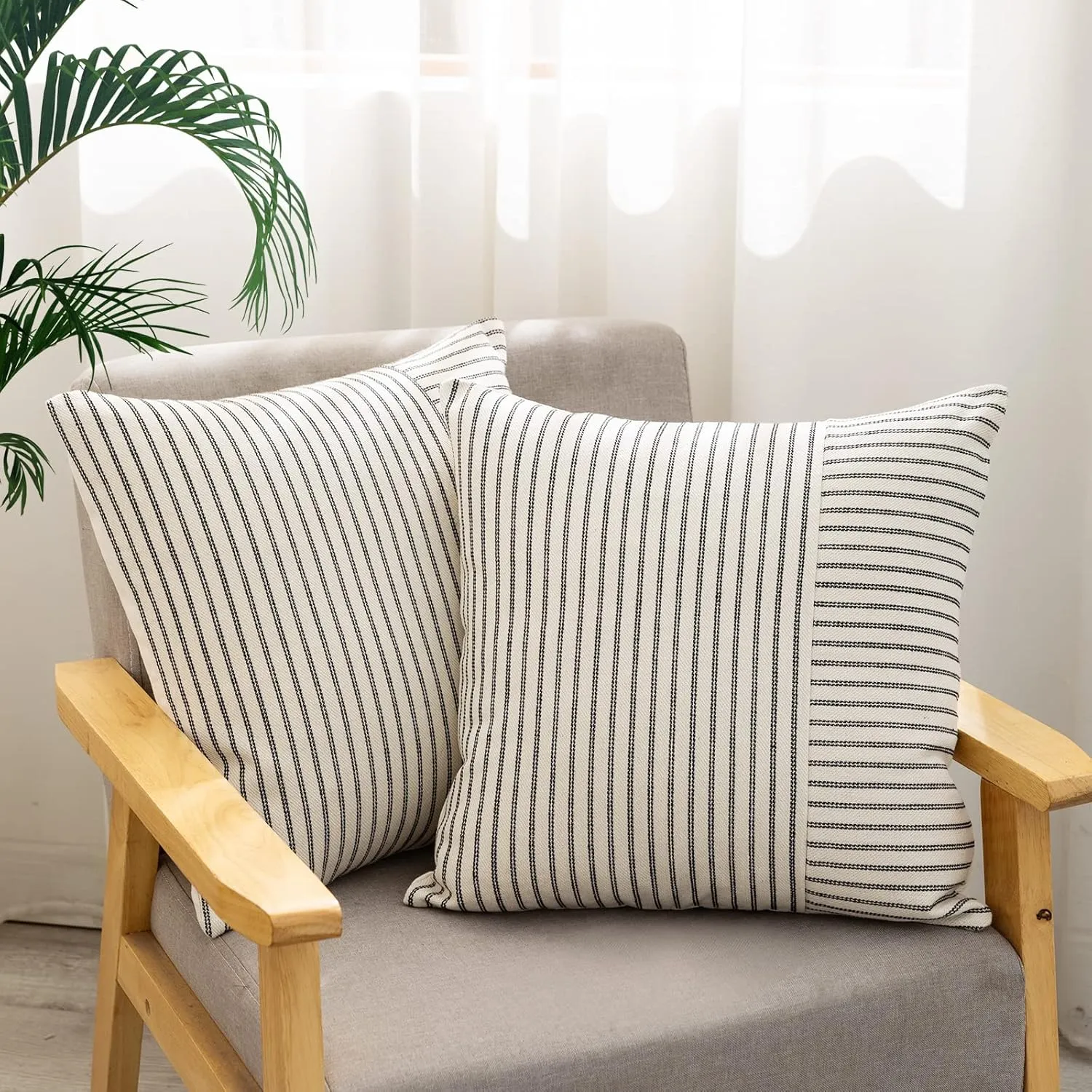 Farmhouse Pillow Covers 20x20, Modern Accent Square Throw Pillow Covers Set of 2, Black and Beige Striped Patchwork Linen Decorative Pillows Cushion Covers for Couch Chair Bedroom Fall Decorations