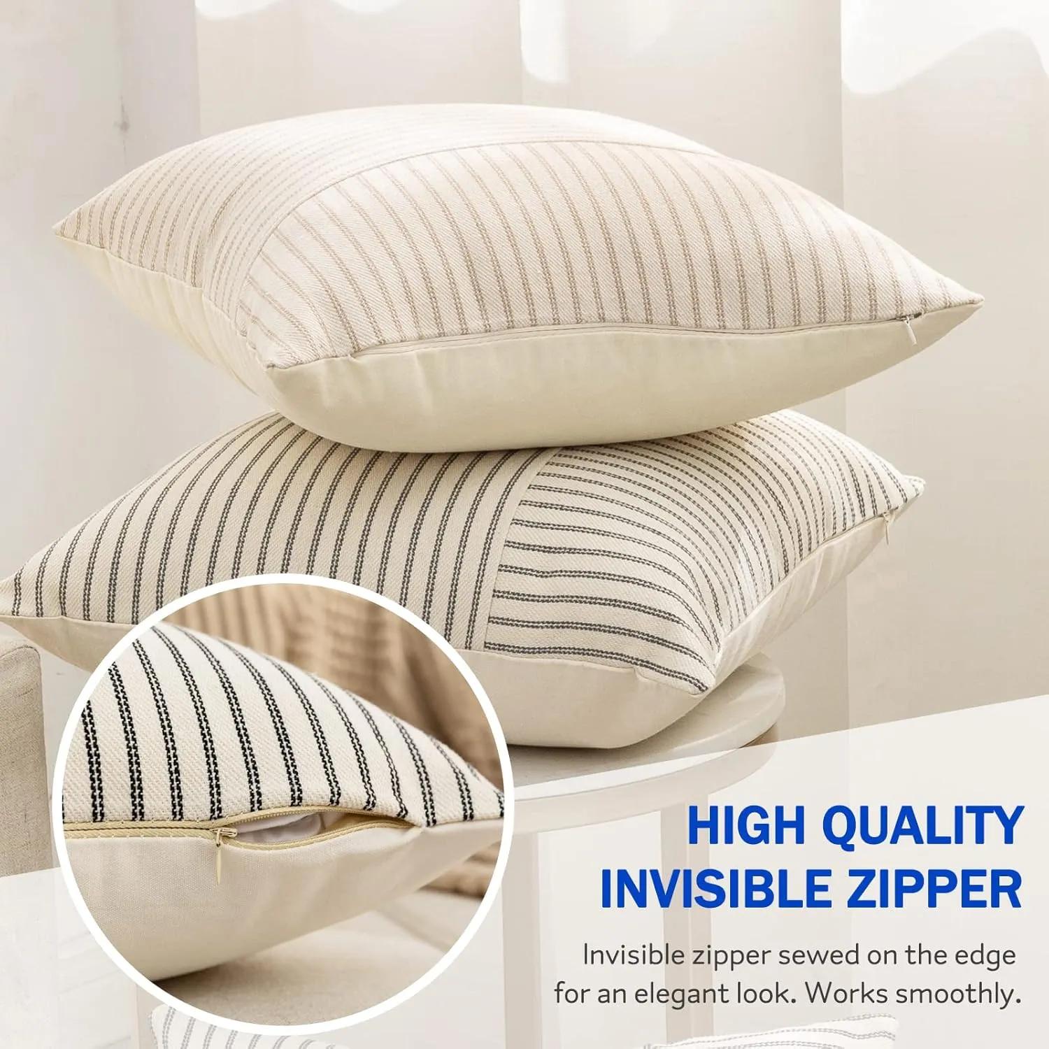 Farmhouse Pillow Covers 20x20, Modern Accent Square Throw Pillow Covers Set of 2, Black and Beige Striped Patchwork Linen Decorative Pillows Cushion Covers for Couch Chair Bedroom Fall Decorations