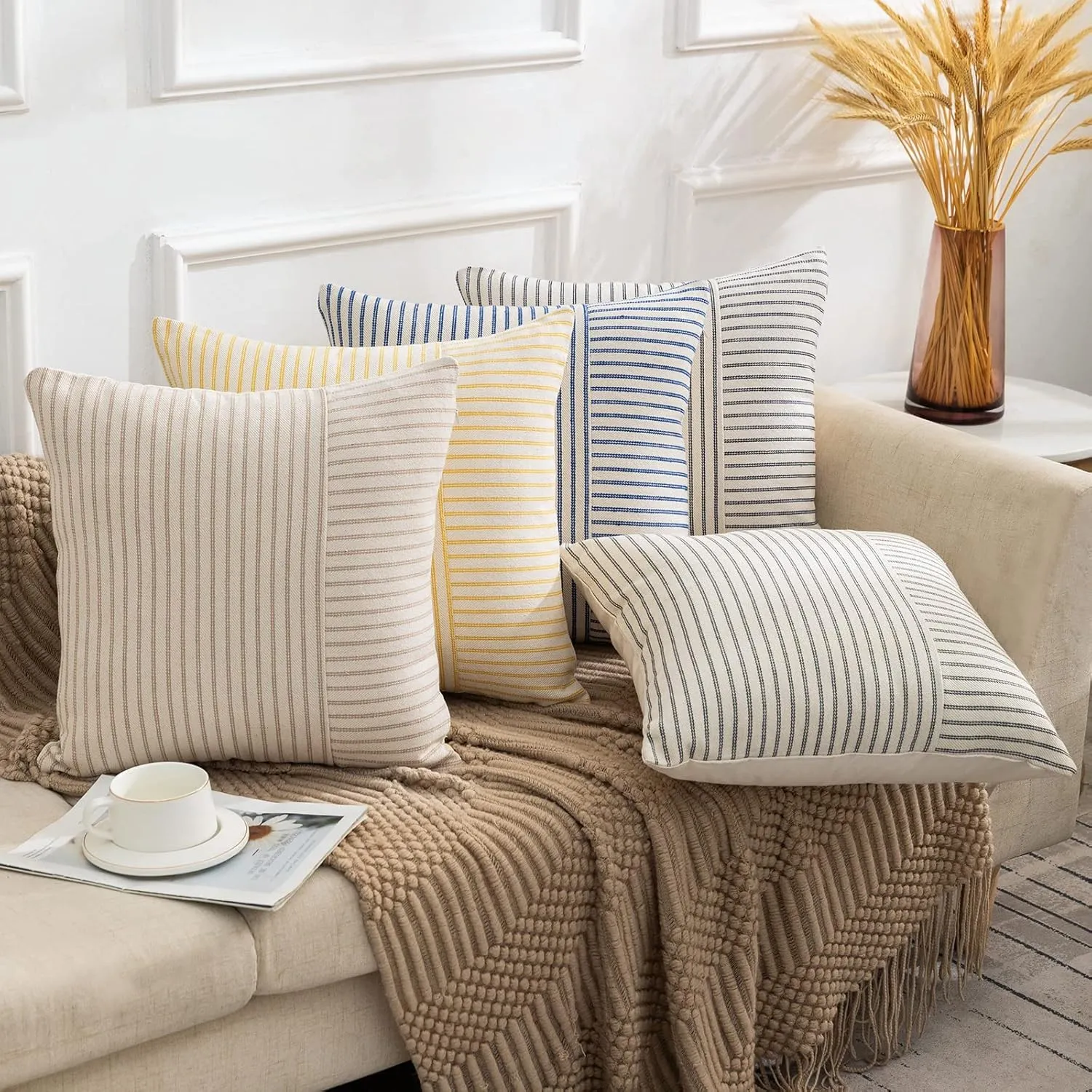 Farmhouse Pillow Covers 20x20, Modern Accent Square Throw Pillow Covers Set of 2, Black and Beige Striped Patchwork Linen Decorative Pillows Cushion Covers for Couch Chair Bedroom Fall Decorations